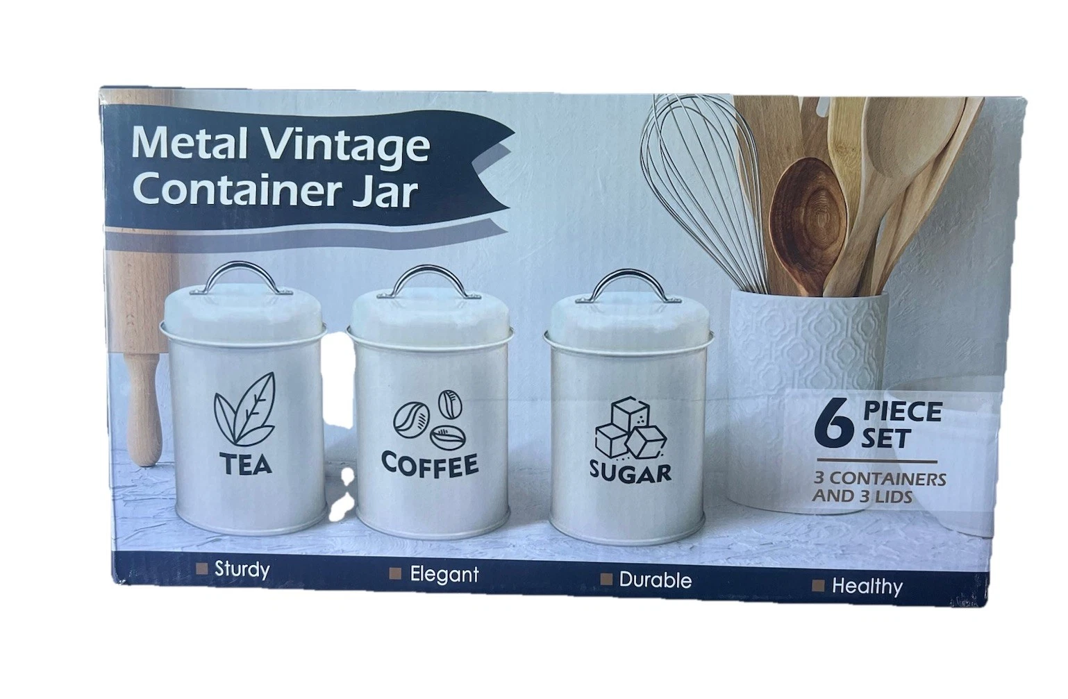 Set of 3 Black Decorative Kitchen Canister With Lid, Tea, Coffee, Sugar