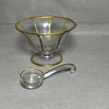 Antique Glass Compote w/Ladle Mayo Spoon Gold Gilt Clear Dish Footed Bowl-UV