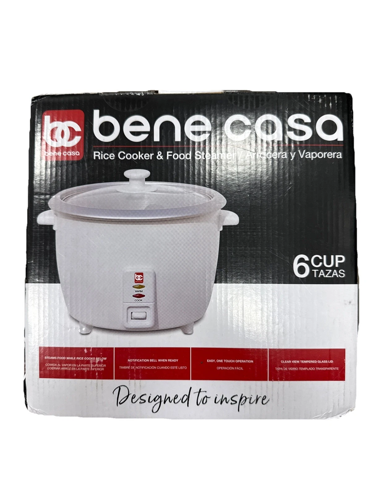 Bene Casa Rice Cooker Veg Steam Glass Lid Nonstick Aluminum Inner Pot 6 cup NEW