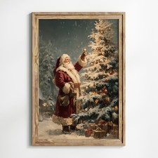 Santa Decorating Christmas Tree Poster Vintage Snowy Rustic Winter Wonderland