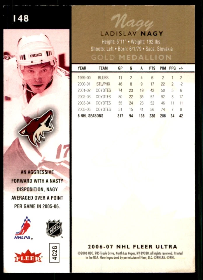 2006-07 Ultra Ladislav Nagy Phoenix Coyotes #148 - Image 2 of 2