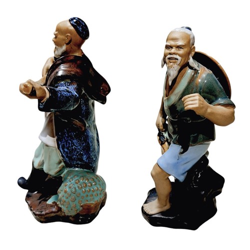 Vintage set of 2 Chinese Shiwan Mud Man musician & fisherman figurines pottery - Picture 2 of 11