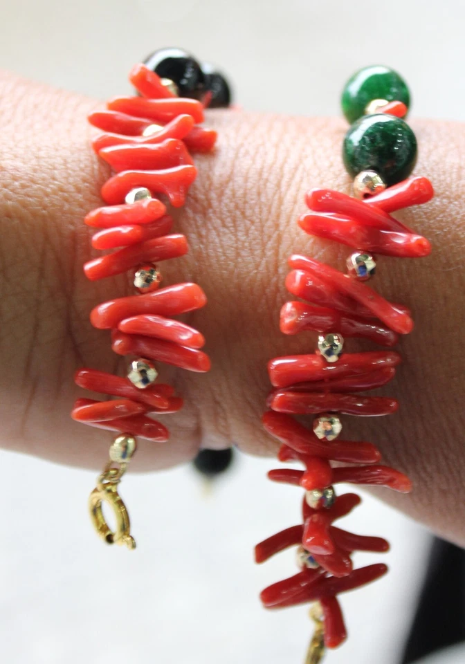 Bracciale Donna Corallo Rosso Naturale Onice e Giada Verde cm 19 exploit - Immagine 3 di 4