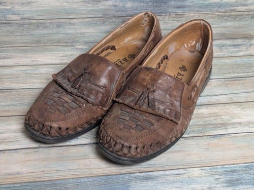 Vintage Aztec Brown Woven Leather Huarache Loafers Mexico Size 28 Western Boho - 第 9/10 張圖片