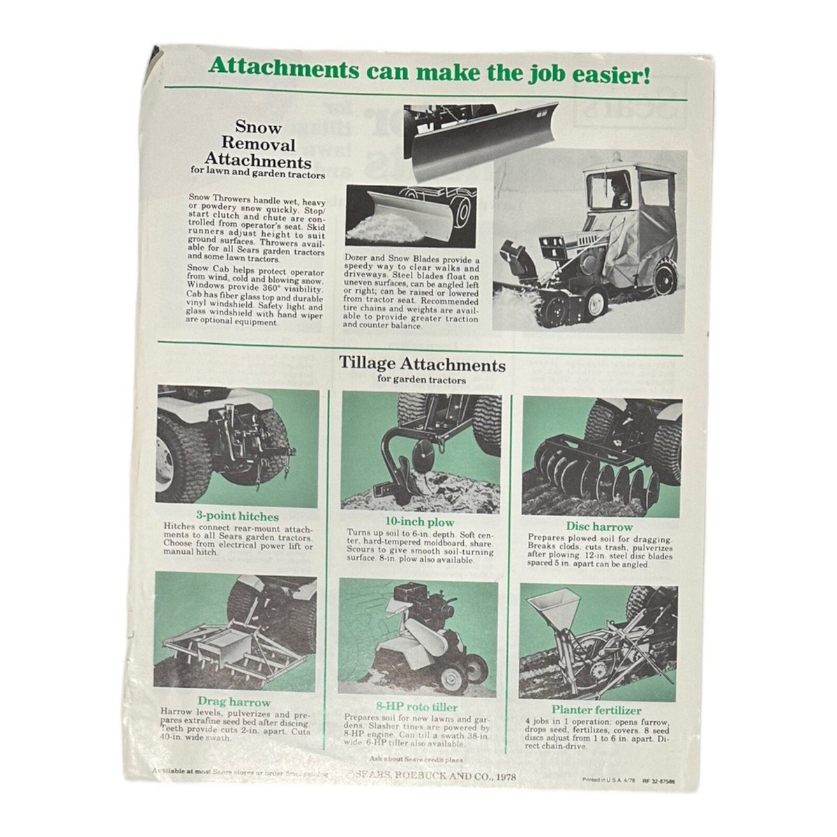 1978 Sears Tractor Attachments Brochure Catalog Lawn Care Snow