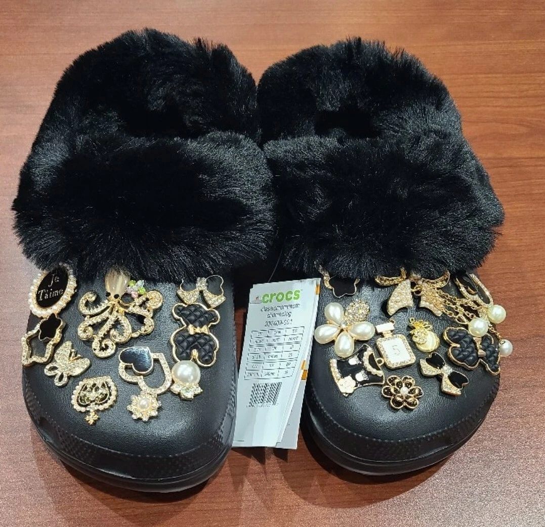 Winterized black crocs with fur and bling charms, size 7