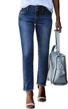 Women's High Waisted Stretch Straight Leg Jeans - Raw Hem Ankle Denim Pants