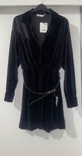ZARA BLACK COLLARED MINI VELVET BELTED SHIRT DRESS WITH GOLD BUTTONS L BNWT