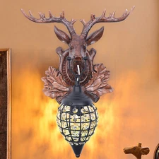 Retro Resin Antler Wall Light Fixture Vintage Deer Horn Crystal Wall Sconce Lamp