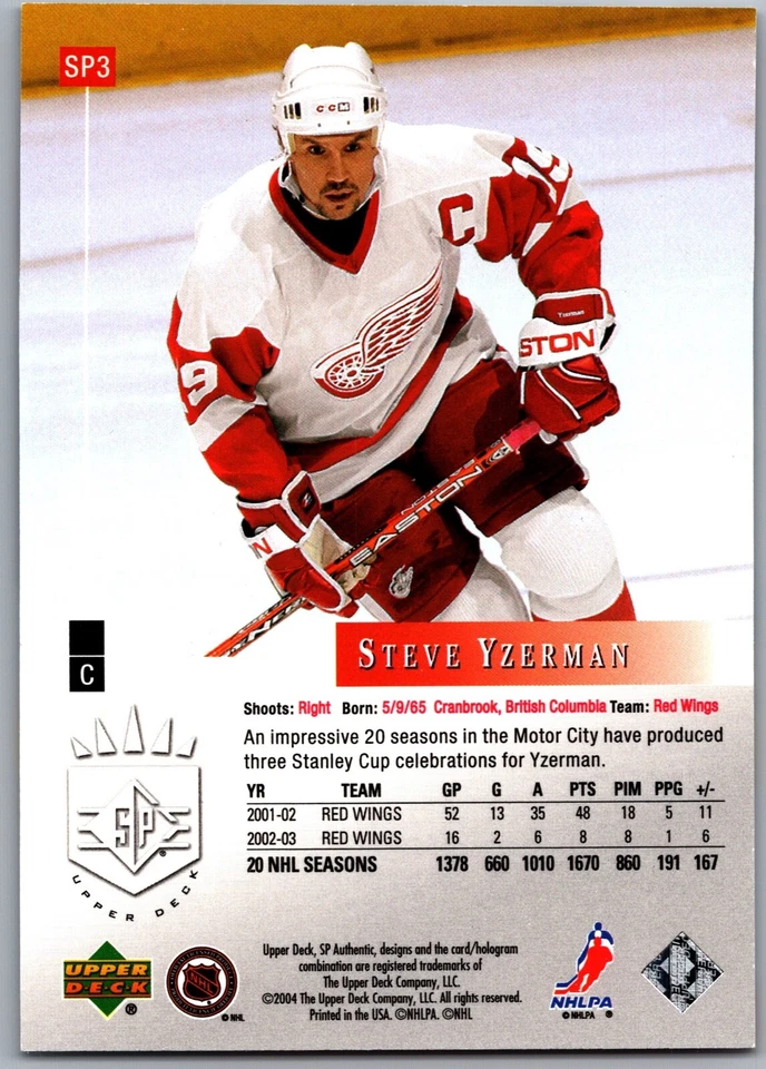 03-04 UPPER DECK SP AUTHENTIC 10th ANNIVERSARY - STEVE YZERMAN /1994 #SP3 - Image 2 of 2