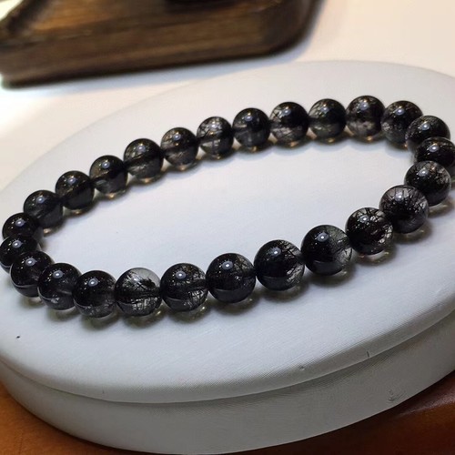 7 mm Natürlicher Riegel Schwarzes Haar Rutilierter Kristall Runde Perlen Kugel Armband - Bild 6 von 9