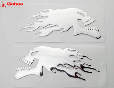 Chromed Silver Skull Flame 3D Emblem Sticker for Honda Yamaha Suzuk Kawasaki L/R