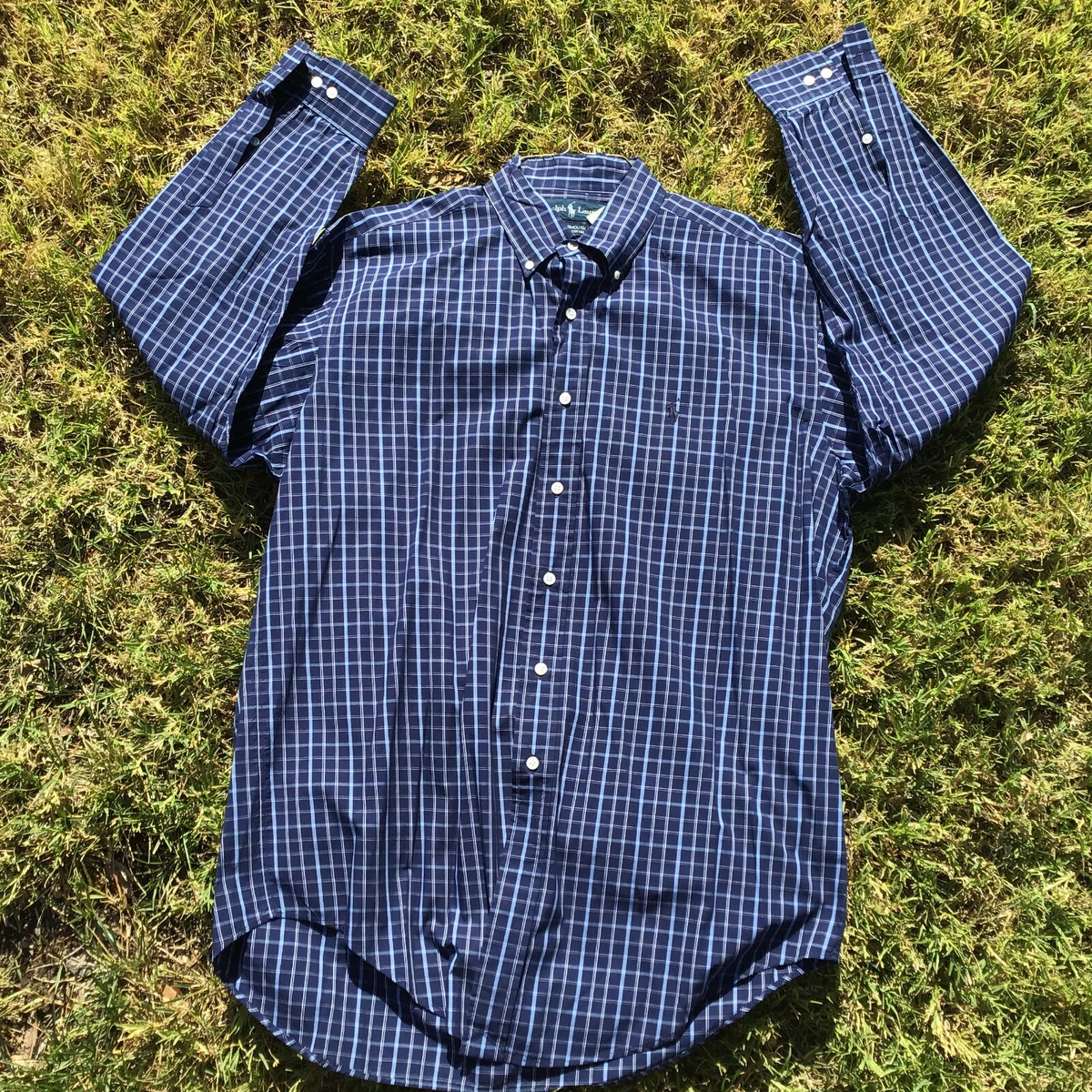 Ralph Lauren Yarmouth Dress Shirt Size 16 32 33 Blue Long Sleeve Cotton Check