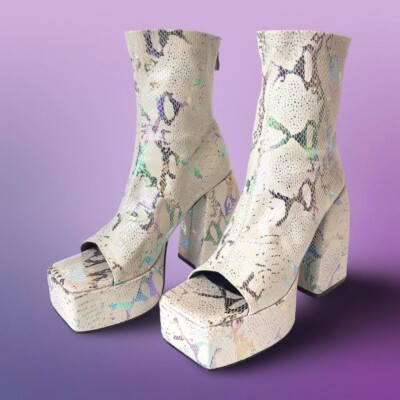 Arqa Metallic Snakeskin Chunky Platform Peep Toe Ankle Boots