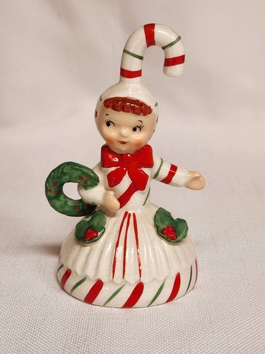 Vintage Rare Lefton Candycane Kids Ceramic Bell Girl With Wreath 90401 Christmas