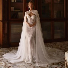 Luxury Sparkling Beads Lace Wedding Dress with Cape Mermaid Illusion Bridal Gown