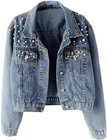 Oversize Pearl Embroidered Ripped Distressed Women Denim Jacket Casual Long Slee