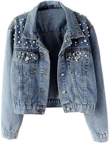 Oversize Pearl Embroidered Ripped Distressed Women Denim Jacket Casual Long Slee