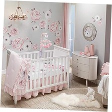 Floral Garden Watercolor/Pink Linen 5-Piece Baby Crib Bedding Set