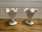 Fenton White Milk Glass Hobnail Pair Mini Vases Candlesticks Footed Ruffled
