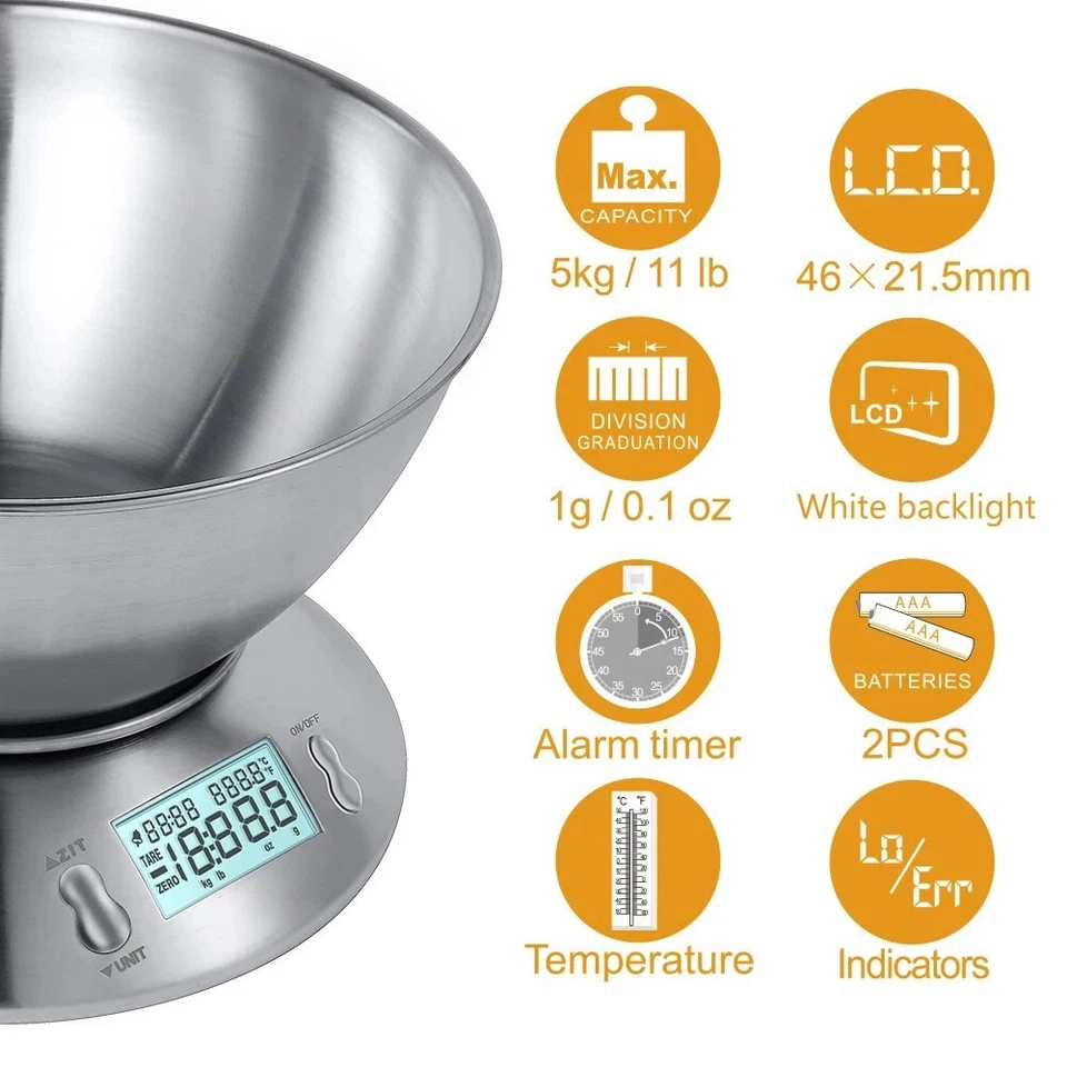 5KG Digital Kitchen Scales Cooking Food Weighing Weight Electronic Scale&Bowl UK - Image 3 of 4