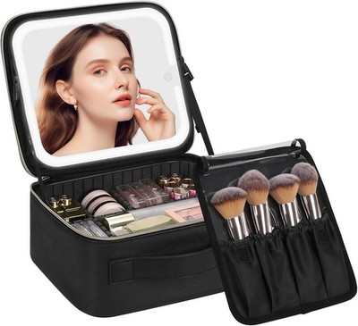 Bolsa de maquillaje con espejo LED, estuche de maquillaje de viaje para mujer
