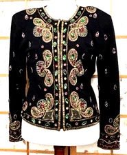 Vintage Adrienne Vittadini Beaded Wool Top Paisley Rhinestones Snaps Black Large