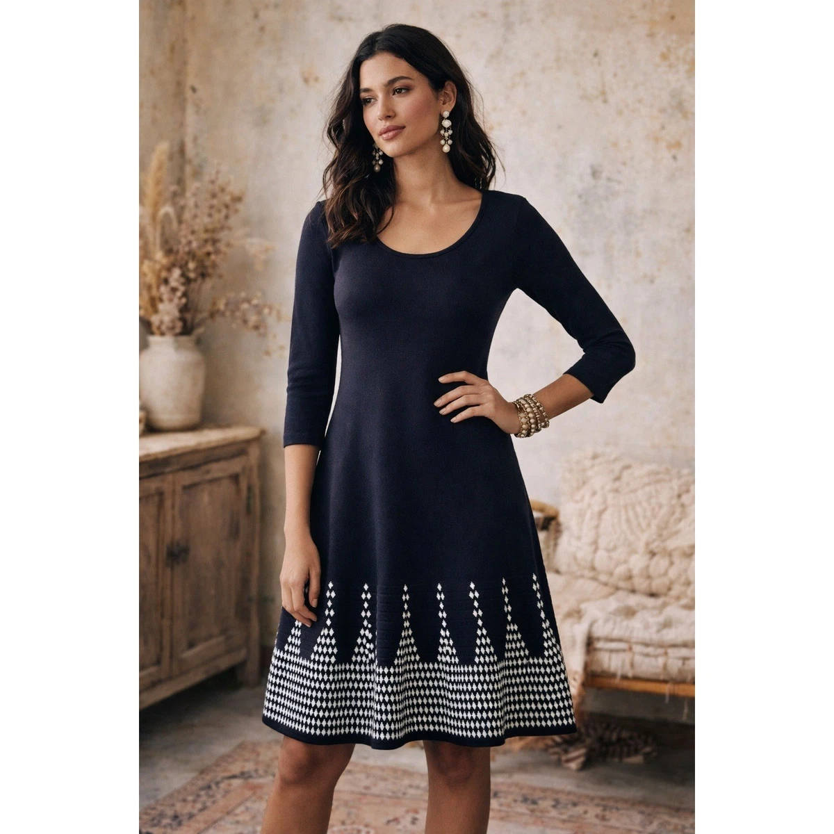nine west fit and flare sweater dress New Nine West Women's 3/4 Sleeve Fit & Flare Sweater Dress Ivory XS