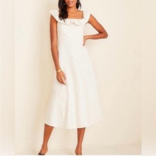 Ann Taylor Womens 14 Cream Striped Linen Blend Midi Spring Summer Preppy Dress