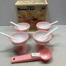 Vtg Ice Cream Dish Set Of 9 Dessert Ice Cream Cups Bowls W Spoons & Scoop 1986