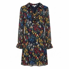 Tory Burch Floral Livia Pleated Ruffle Shift Dress Navy Blue Size 8