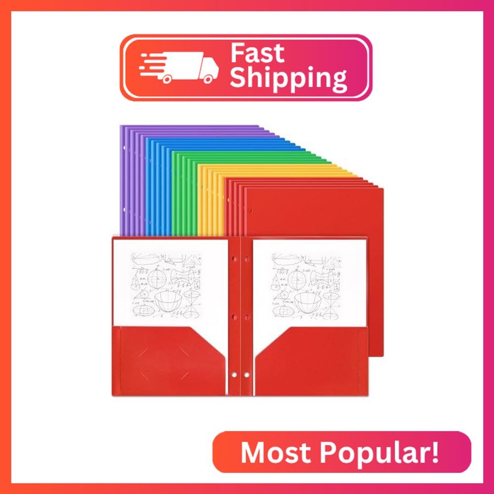 Yeaqee 50 Pcs Plastic Folders with Pockets Bulk 3 Hole Punched 2 Pocket File Fol