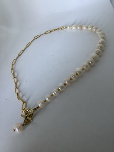 Halbkette Perlenkette Büroklammer Kette goldfarben Knebelkette Handarbeit - Bild 3 von 6