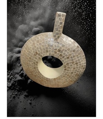 Beige 27 Donut Shaped Vase Features Mother Of Pearl Inlay Mosaic Pattern