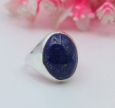 Blue Lapis Lazuli Ring, Oval Shape Stone, Wide Band Ring, 925 Sterling Silver  