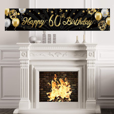 Happy 60Th Birthday Banner for Men Women Sign Black Gold Glitter 60 Years Old Bi
