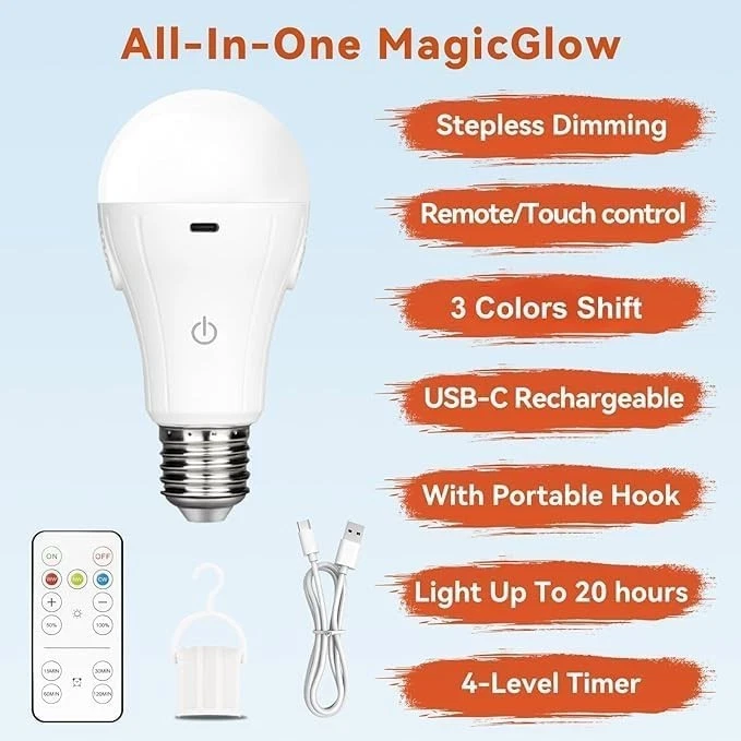 Stepless Dimming USB Rechargeable A19 Bulbs - MagicGlow Light Set with Remote - Image 4 of 4