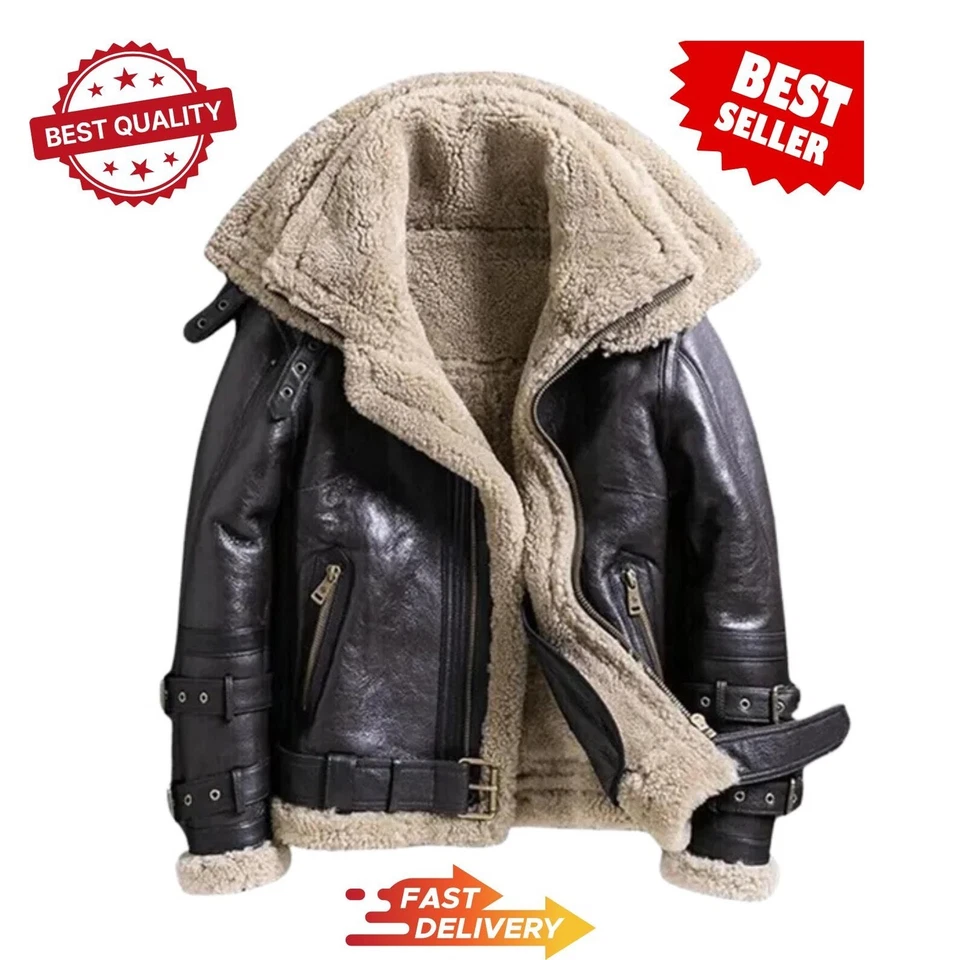 Women s RAF B3 Bomber Real Sheep Leather Jacket Aviator Flying Fur Double Collar - Image 2 of 4