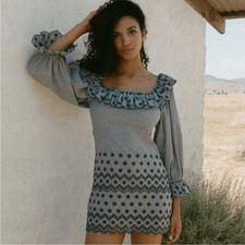 Doen Franique Azure Paris Blue Gingham Ruffle Neck Dress Women's Size XL NWT