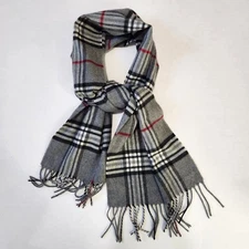 V. FRAAS Cashmink Scarf 11" X 54" Gray Plaid Acrylic With Fringe Made In Germany