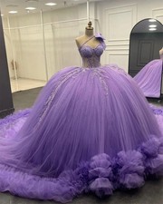 Dreamy Purple One Shoulder Quinceanera Dress Bead Applique Ruched Ball Gown