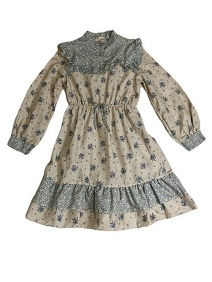 Vintage 1970s Girls Prairie Dress Calico Floral Ruffle Yoke Cottagecore Beige