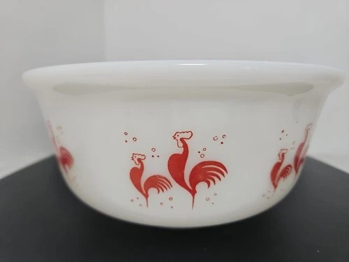 Vintage 1950s Hazel Atlas Red Rooster Milk Glass Mixing Bowl-8"Diameter x 4"Deep
