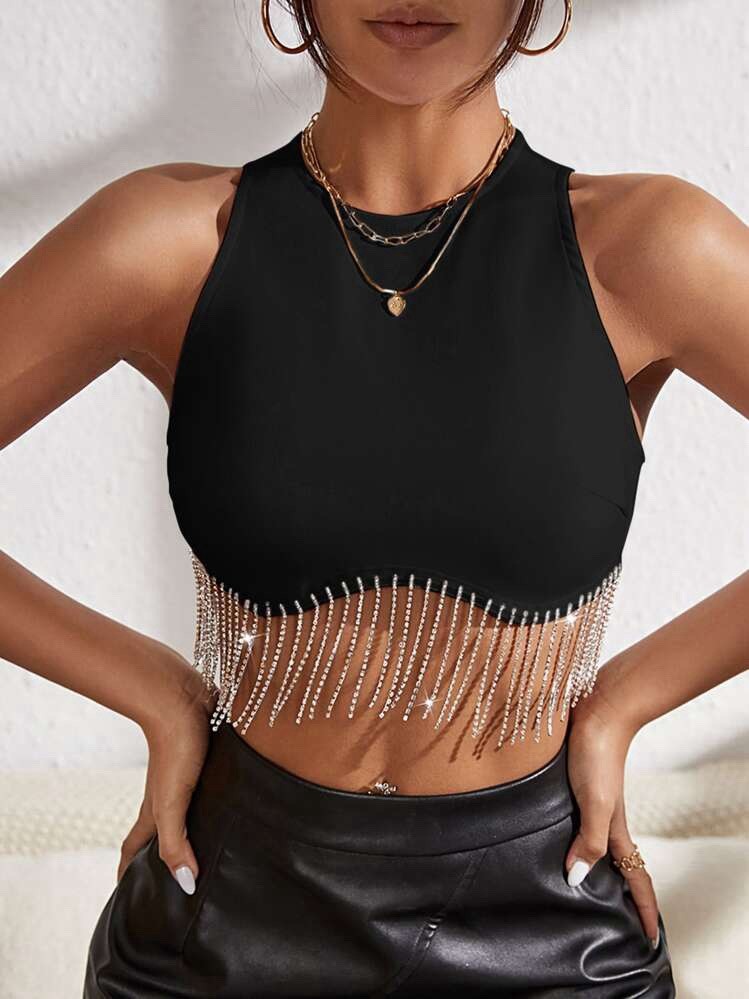 SHEIN BAE Women's Sz 6(M) Black Rhinestone Fringe Zip Back Tank Crop Top