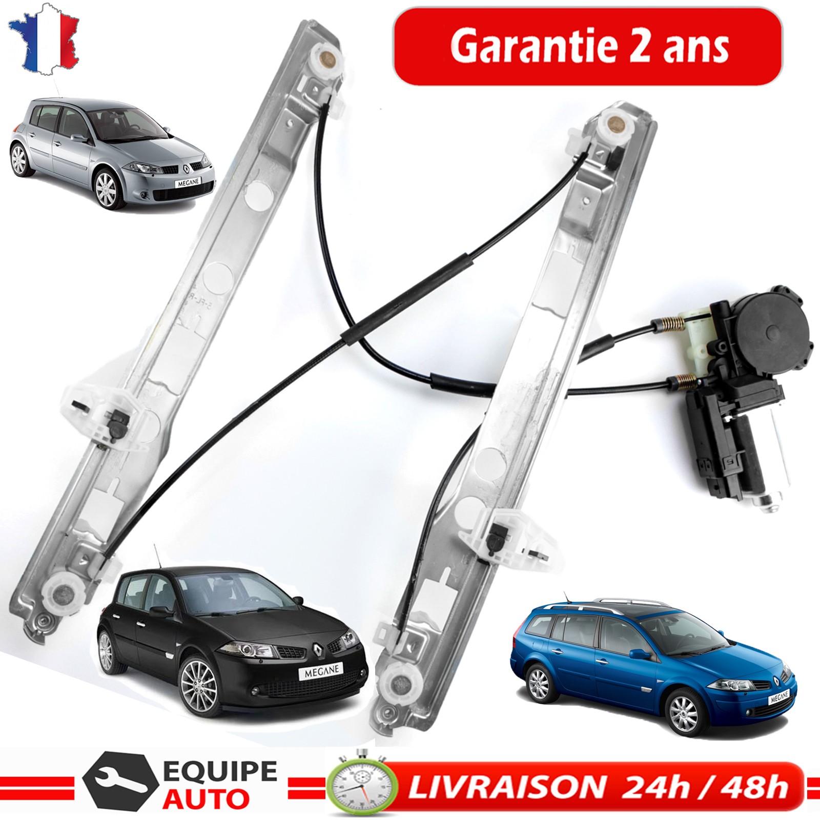 Lève-vitre avant droit avec moteur pour Renault Megane 2 de 2002 à 2008