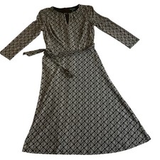 Lauren Ralph Lauren Midi Dress Womens 0 Black White Geometric Monogram Tie Waist