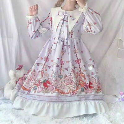 Girls Ladies Princess Lolita Dress With Ruffle Cute Cat Japanese Retro