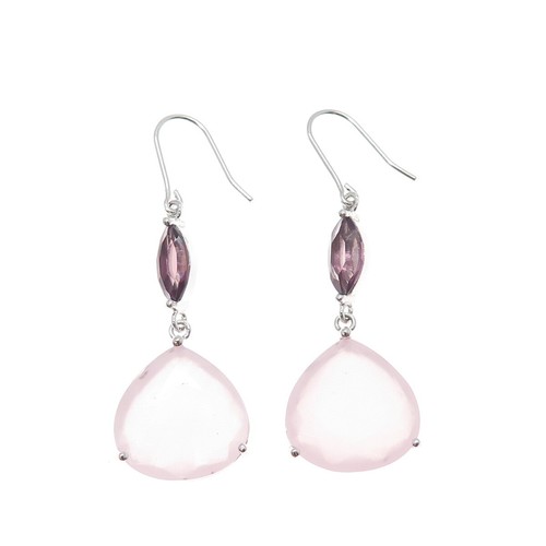 925 Sterling Silver Real Rose Chalcedony & Amethyst Dangle Earrings - Picture 5 of 7