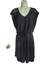 Calvin Klein Dress S Black Viscose Knit Off Shoulder Elastic Waist Mesh Shoulder