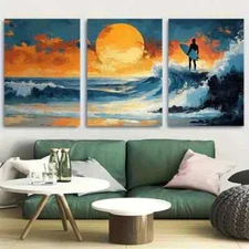 3pcs Watching Waves On Beach Vibrant Perfect Wall Art Canvas Framed 50x70cm
